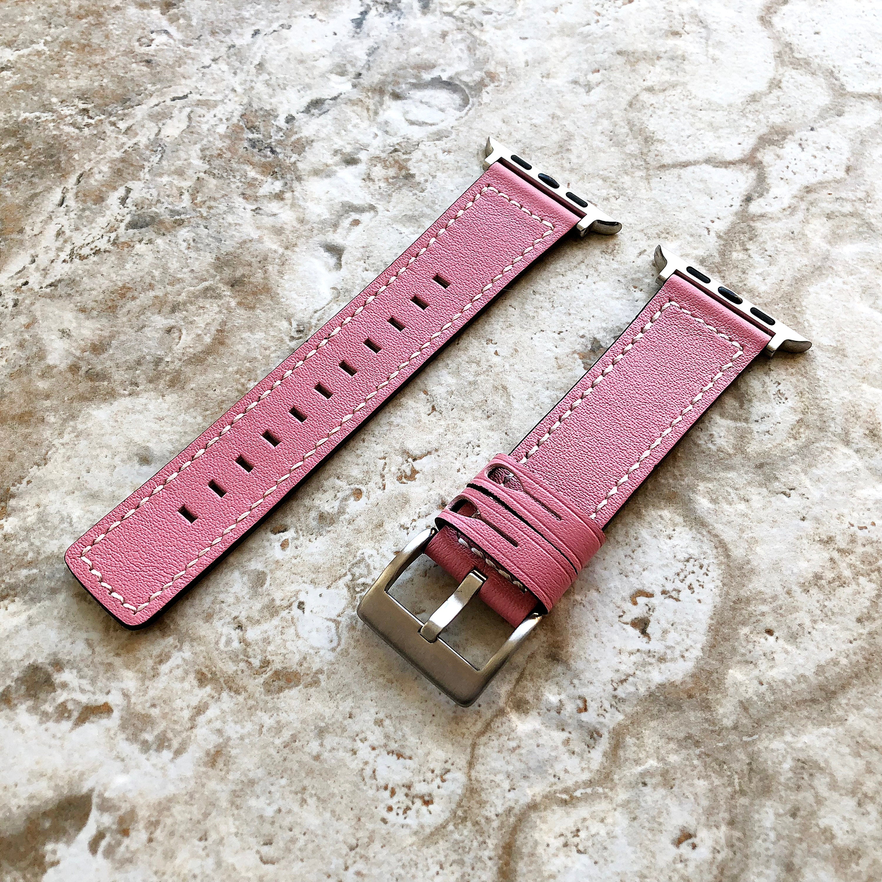 Apple Pink Color Soft Leather Band Strap with White Stitches for iWatch Ultra 2 49mm and 9 8 Series 41mm 45mm Case Handmade Bracelet